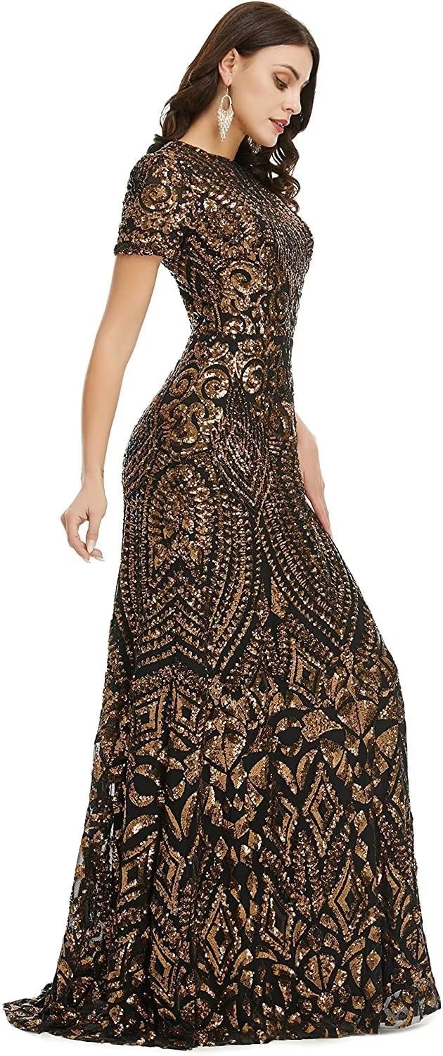 Women's Sparkly Sequins Long Prom Dress Short Sleever A Line Ball Formal Evening Party Prom Gowns - Image 3