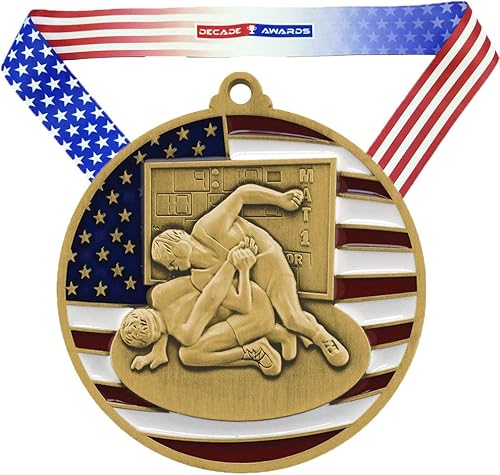 Miniatura 1 de Medalla patriótica de lucha libre, oro, 2.75 pulgadas de ancho, medallón de primer lugar con estrellas y rayas con cinta de cuello en V de la