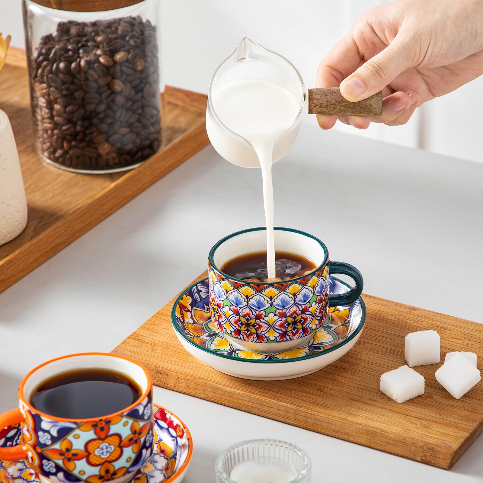 vancasso SIMI - Lot de 8 Tasses à Café avec Soucoupes (150ml) - Service à Café pour 4 Personnes - Porcelaine Résistante pour Expresso, Cappuccino - Design Bohème - Lavable au Micro-ondes