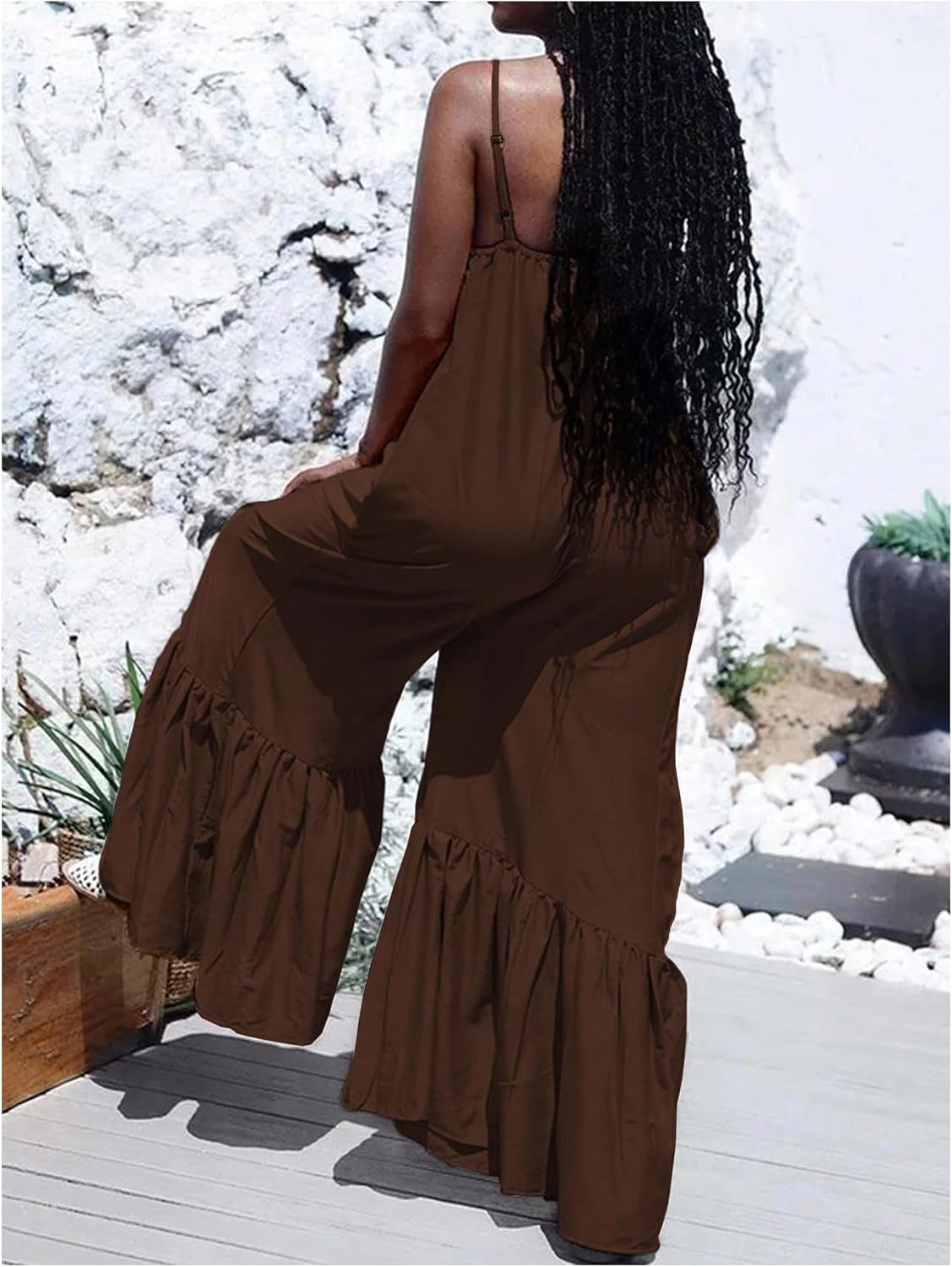 OYOANGLE Women's Summer Jumpsuits Ruffle Hem Ruched Rompers Sleeveless Overalls with Pockets Beach Vacation Outfits