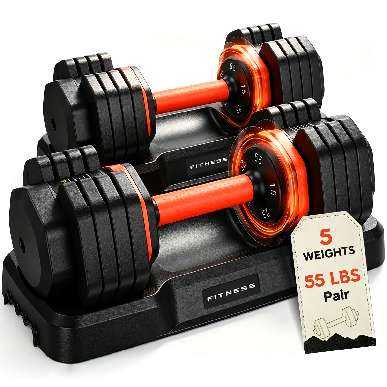 FEIERDUN Adjustable Dumbbell Set, Weight Set for Home Gym, 5/10-in-1 Free Weight Adjustable Dumbbells, Single Hand Twist Adjust with Non-Slip Handles, 90% Space Saving Strength Training for both Men&Women (5 Weight Settings - 55 LB/Pair (110 LB Total))
