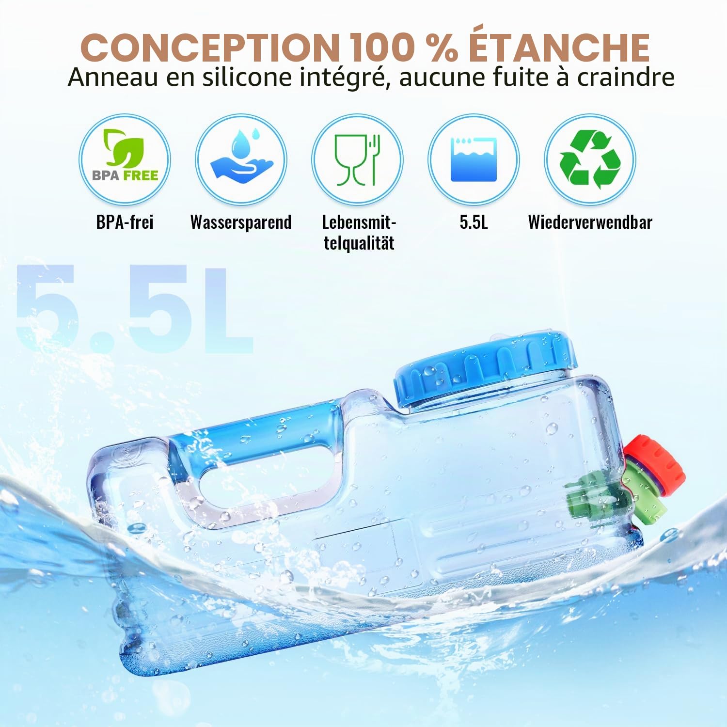 Umikk Bidon portable sans BPA de 5 à 22 l, avec robinet et poignées, pour le stockage de l'eau potable, bidon à eau pour le camping, l'extérieur, les voyages, la maison