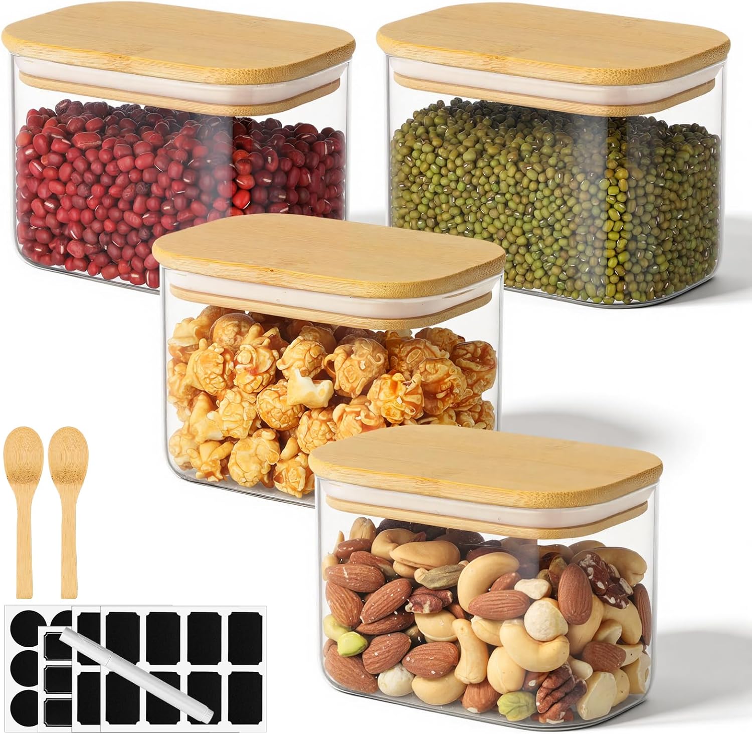 27oz Glass Storage Jars Set of 4, Rectangle Glass Jars with Bamboo Lids, Clear Empty Kitchen Pantry Storage Containers, Loose Tea Container for Sugar, Coffee Bean, Cereal, Flour, Spice, Nuts