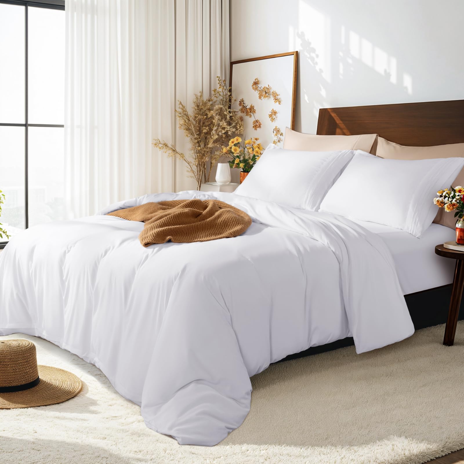 LBRO2M Luxury Microfiber Duvet Cover Set Fade Resistant Comforter Cover and 2 Pillowcases, Durable, Soft Bedding Set for Guest Room (Queen, White)