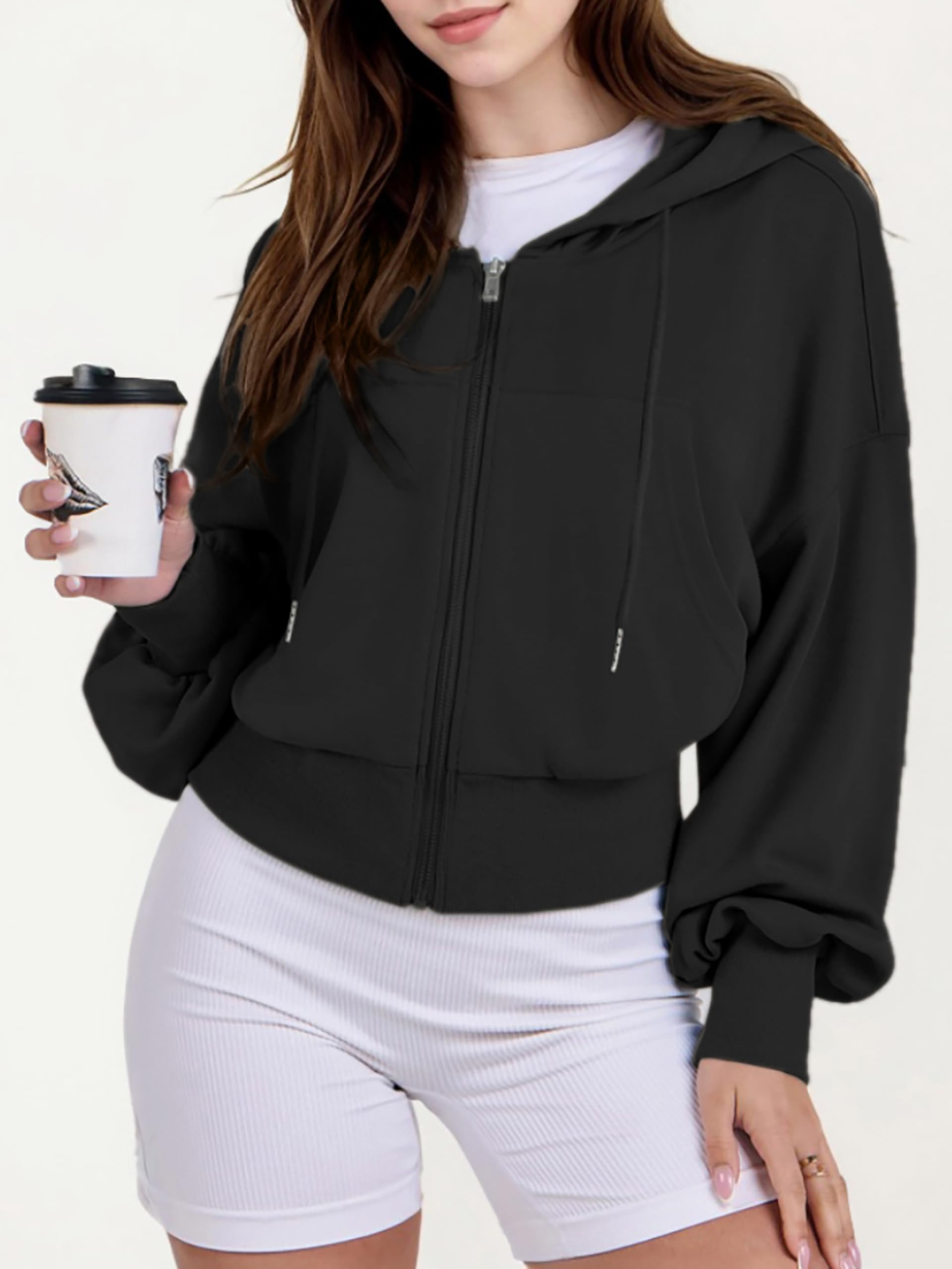 Jhsnjnr Damen Sweatjacke mit Kapuze Langarm Kapuzenpullover Sweatshirt Reißverschluss Sport Kurze Jacke Crop Zipper Hoodie