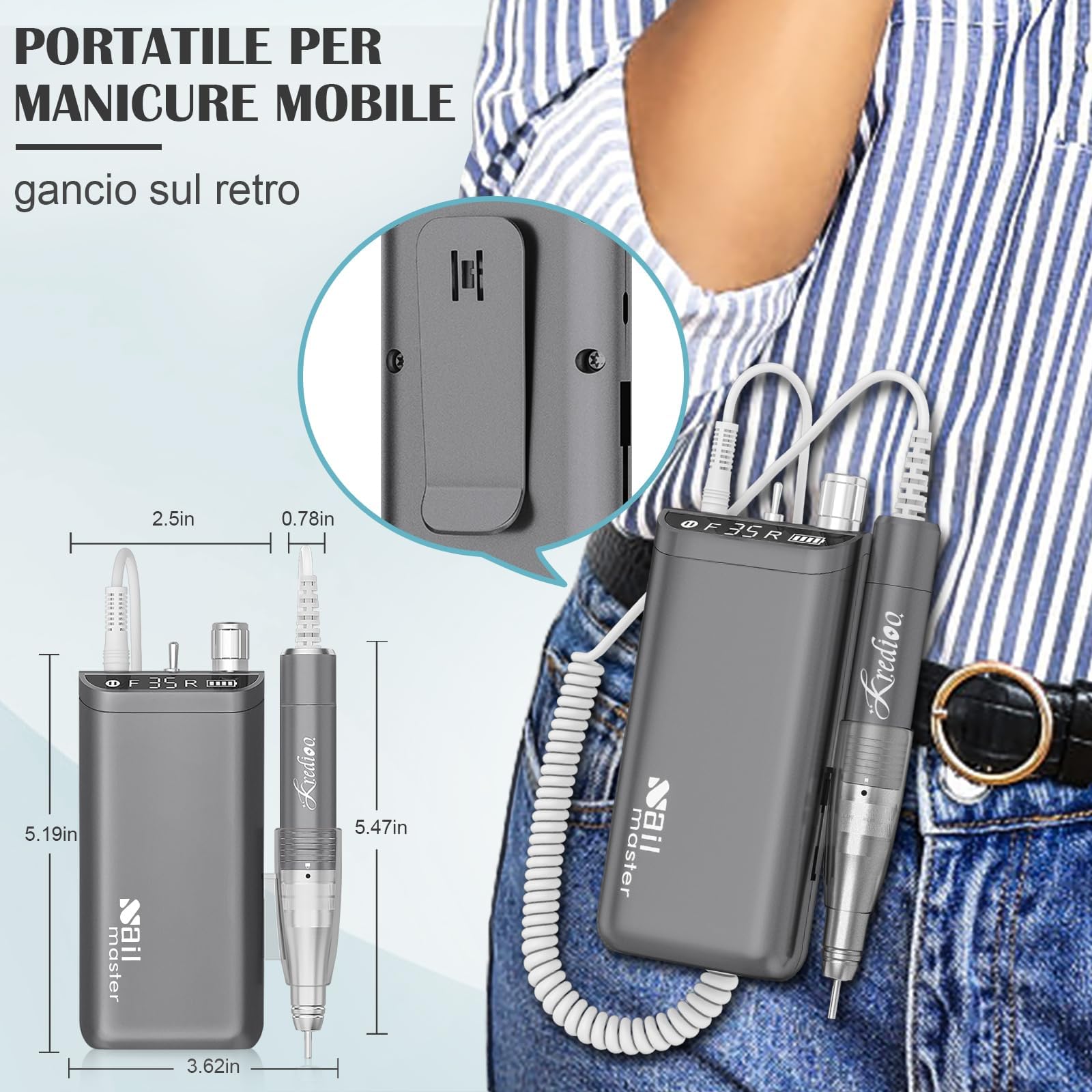 Kredioo Fresa per Unghie Professionale 35000RPM, Portatile e Ricaricabile, Trapano Elettrico, Rimozione Gel/Smalto, Lima Elettrica per Manicure e Pedicure, Kit 10 Punte Fresa Unghie, LED, Grigio