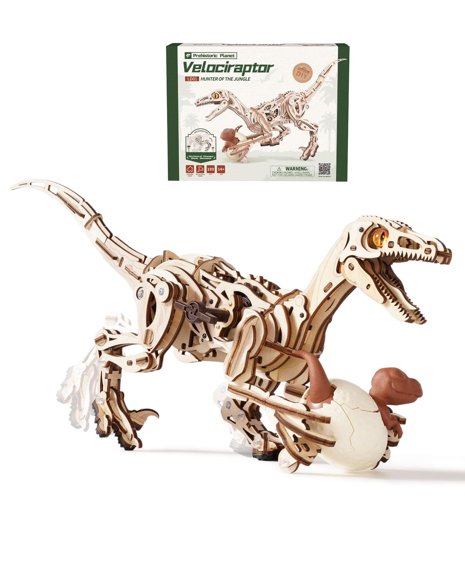 ROBOTIME 3D Holzpuzzle Dinosaurier Bausatz – Velociraptor Modell zum Selberbauen, Mechanisches Konstruktionsset für Erwachsene & Jugendliche, STEM Bastelset Geschenk, LD01