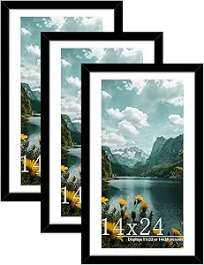 Picrit 14x24 Picture Frame 3 Pack, Black Poster Frame, Display Poster 11 x 22 with Mat or 14 x 24 without Mat for Horizontal or Vertical Wall Mounting