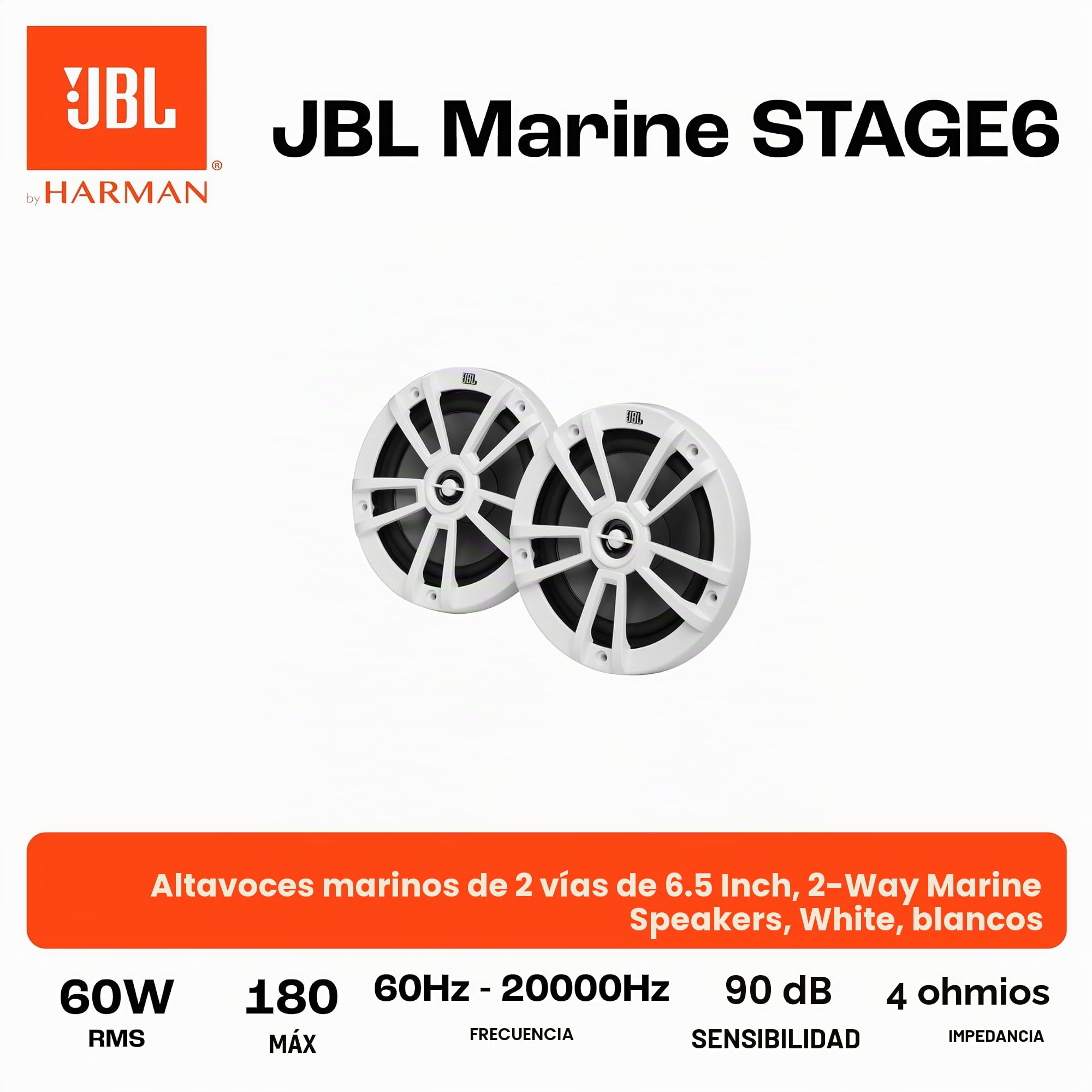 JBL Marine 6 1/2" (160 mm) Altavoces Barco Stage Impermeable - Altavoz Marino Dos vías y 180 vatios para Barcos o Jardin - Altavoces Exterior Resistente a los Rayos UV y al Agua Salada - Blanco