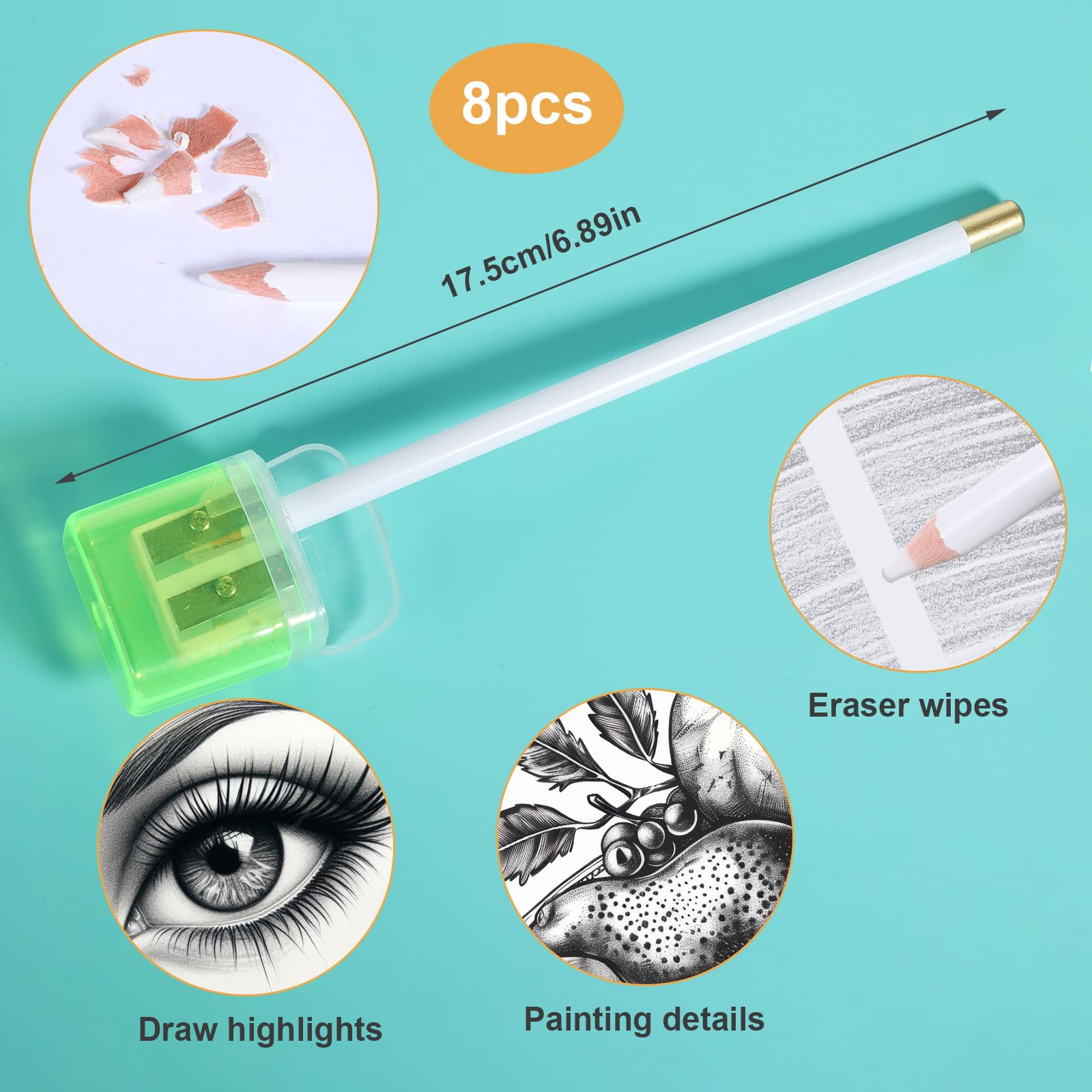 8PCS Eraser Pencil Set, Professional Pencil Erasers for Artists, Erasing Small Details or Add Highlights for Sketching, Charcoal Drawings, Fine Detail Erasers for Beginners & Artists