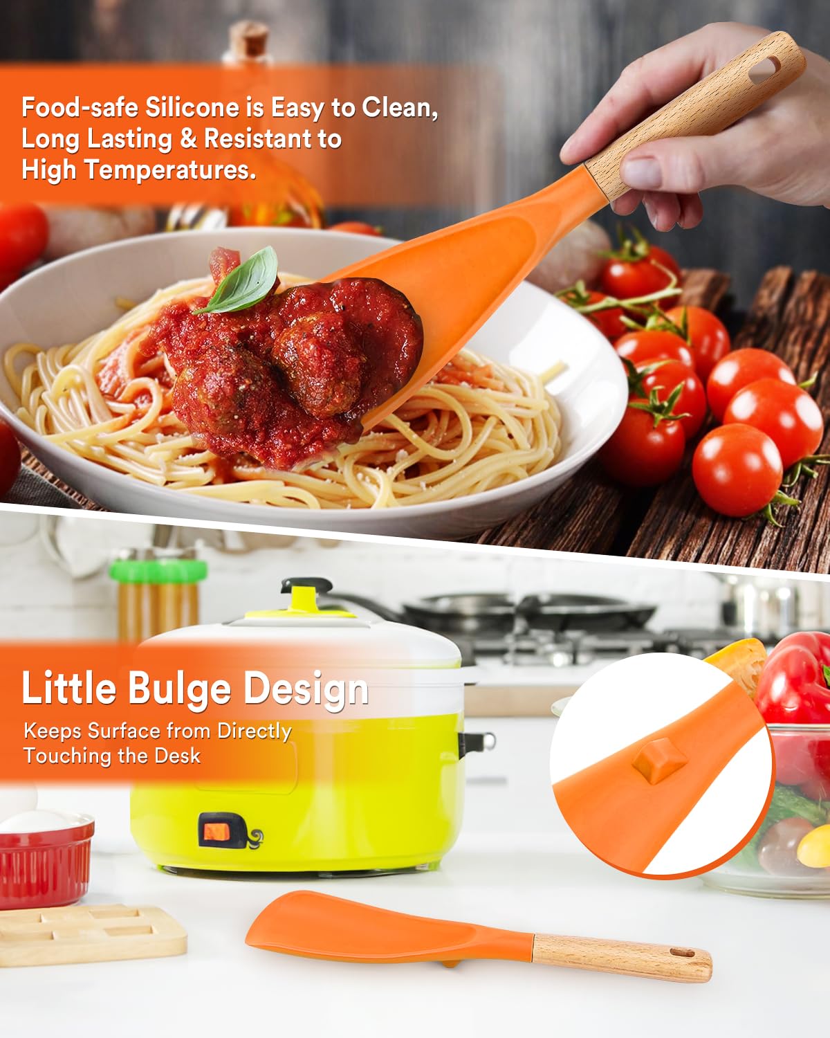 Kochlöffel und Reisschaufel für antihaftbeschichtetes Kochgeschirr, ideal zum Kochen und Servieren, stabiles BPA-freies, mattes Silikon, Holzgriff zum Mischen, Schaufeln und Schaben (Orange)
