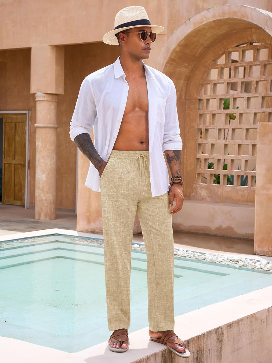 Runcati Mens Casual Pants Drawstring Elastic Waist Lightweight Linen Pants Loose Fit Straight Legs Beach Trousers - Image 4