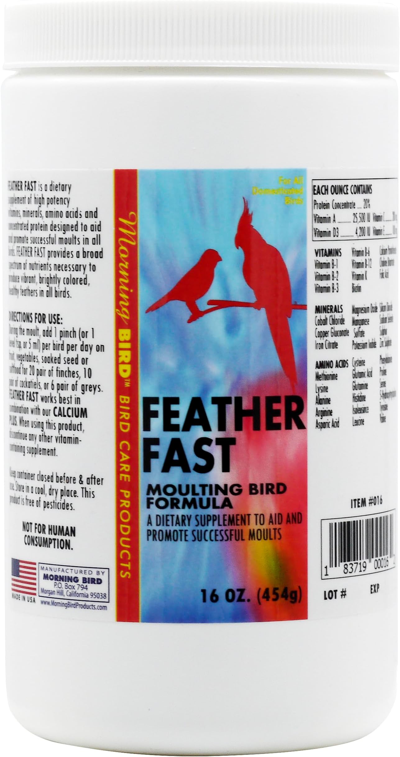 Morning Bird Feather Fast, Dietary Supplement for Moulting Birds, Mix with Bird Food, 16 oz