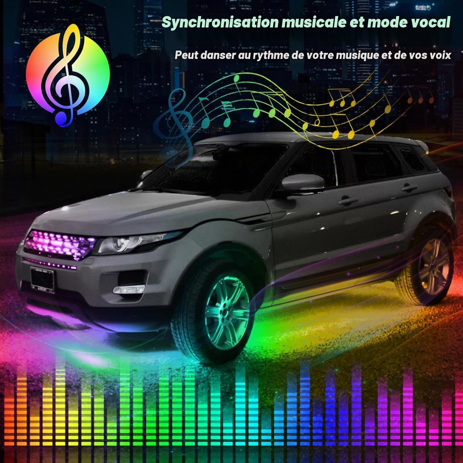 Lot de 4 lumières LED sous-luisantes pour voiture, kit d'application et télécommande RVB multicolore synchronisation de la musique sous l'éclairage de la voiture, bandes néon étanches pour