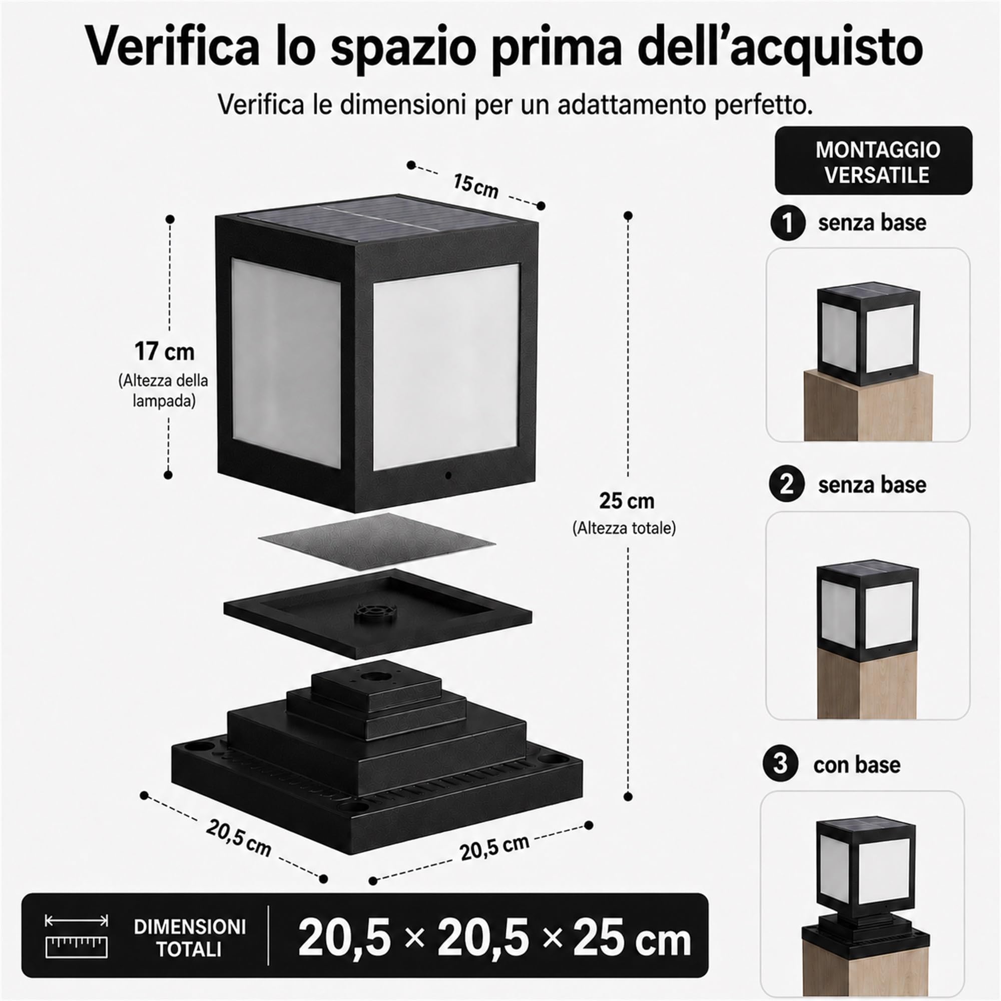 Lampione Solare da Giardino IP45, Luce da Pilastro LED, Nero | Luce solare da pilastro per giardino, cancello e vialetto; 2200mAh, 12 LED, IP45, 6000K Luce Bianca