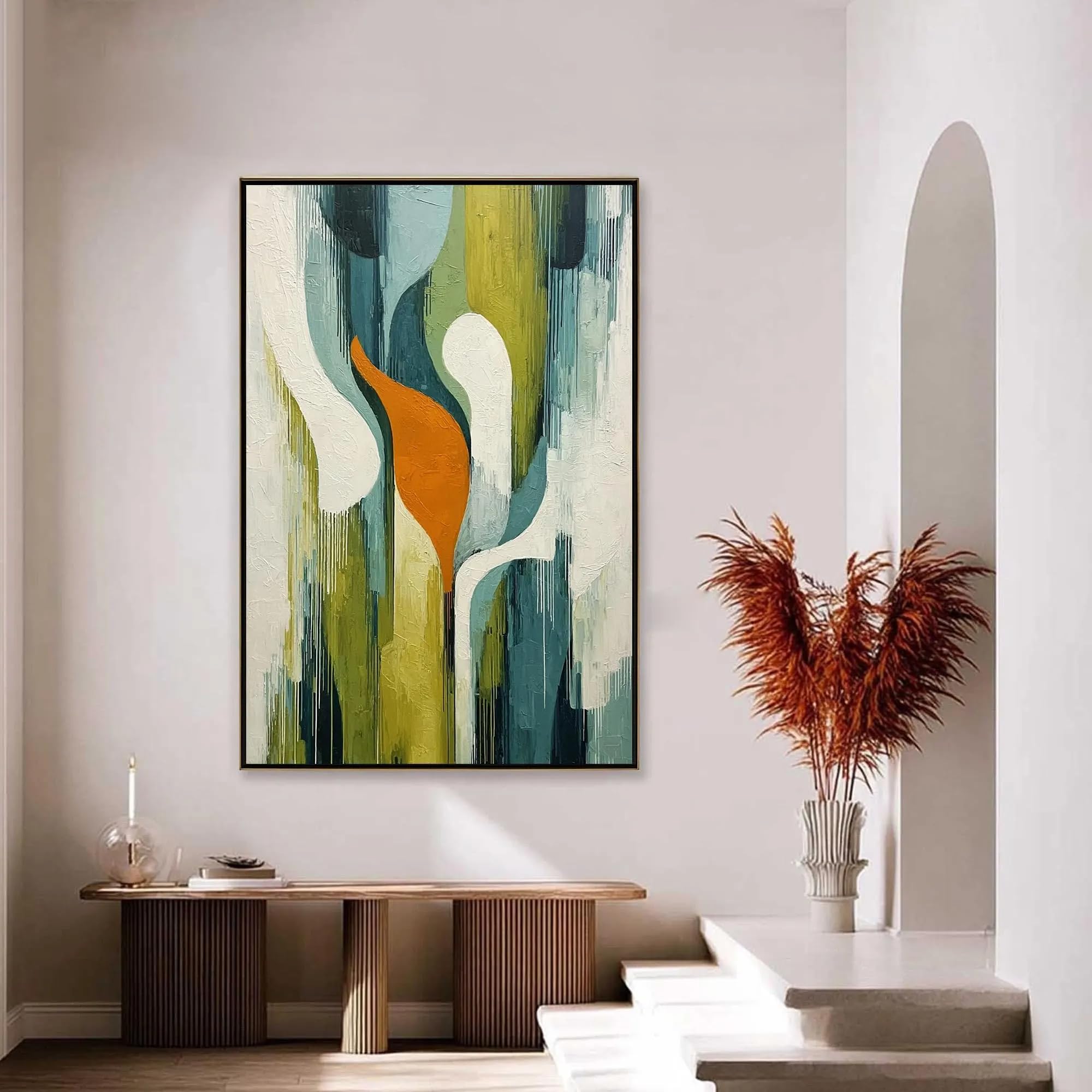 UUDEZO Duży abstrakcyjny obraz olejny na płótnie, zielono-niebieska sztuka ścienna do salonu, dekoracji domu (80 x 125 cm)