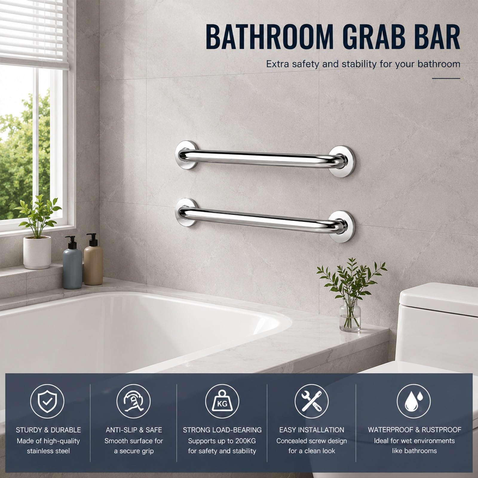 Set Da 2 Maniglioni Di Sicurezza per Doccia, Supporto A Parete Ultra-resistente con Fissaggio Nascosto – Ideale per Doccia, WC E Vasca Da Bagno (prevenzione Cadute per Anziani)(50cm)