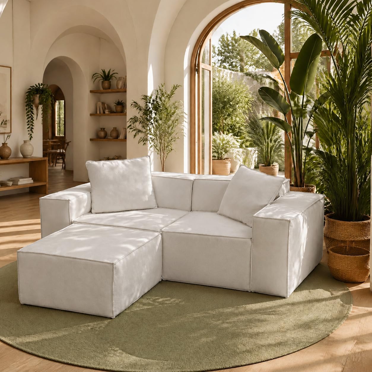 HOME IDOL Modular 2-Seater Sectional Sofa with Ottoman, Box-Shipped, Kid & Pet-Friendly Stain-Resistant Easy-Clean Fabric, High-Resilience Polyester, Beige White