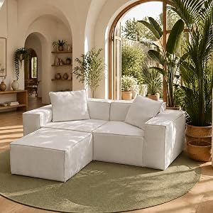 HOME IDOL Modular 2-Seater Sectional Sofa with Ottoman, Box-Shipped, Kid & Pet-Friendly Stain-Resistant Easy-Clean Fabric, High-Resilience Polyester, Beige White