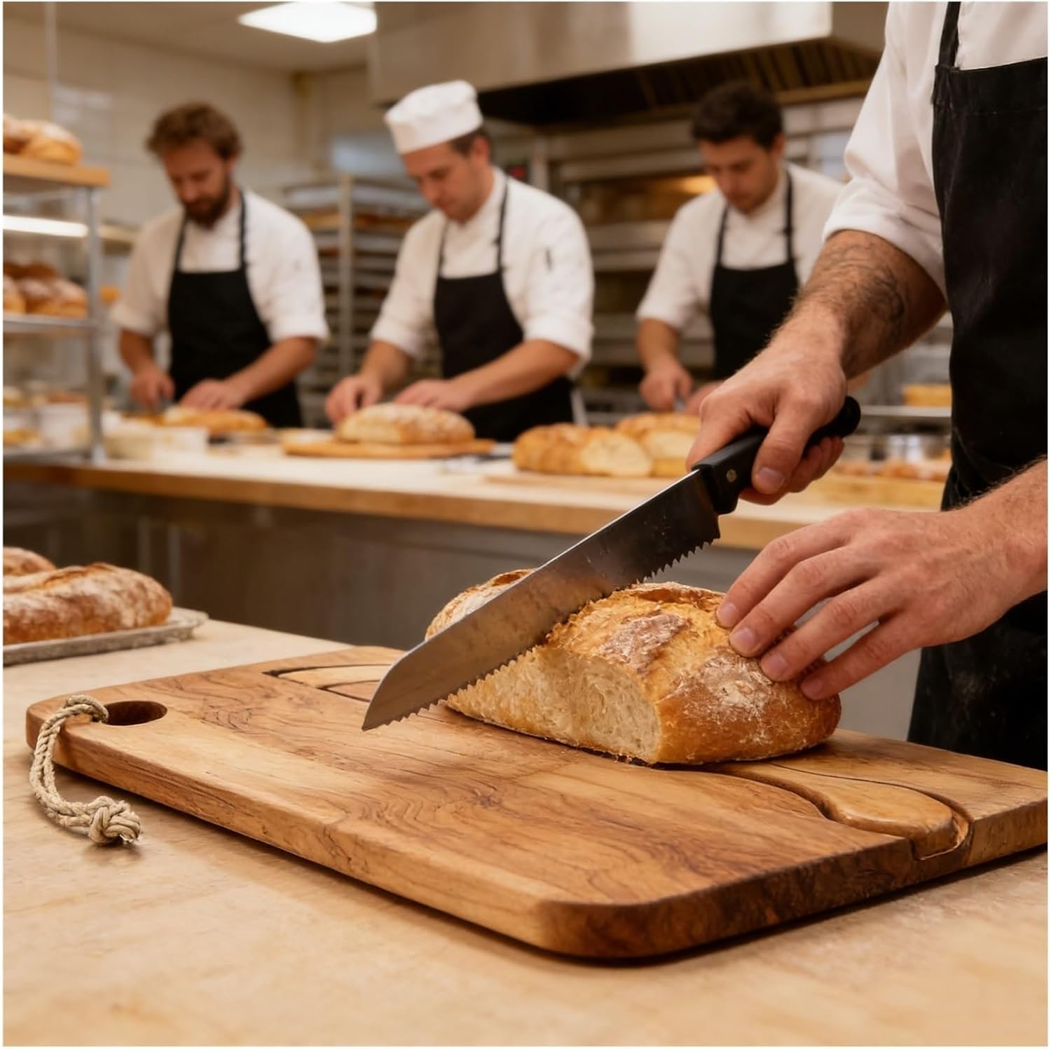 8 Inch Serrated Bread Bow Knife with Matching Wooden Board - Stainless Steel Blade & Built-in Crumb Tray | Rustic Farmhouse Slicing Set for Artisan Bread, French Baguette, Restaurants & Home Use
