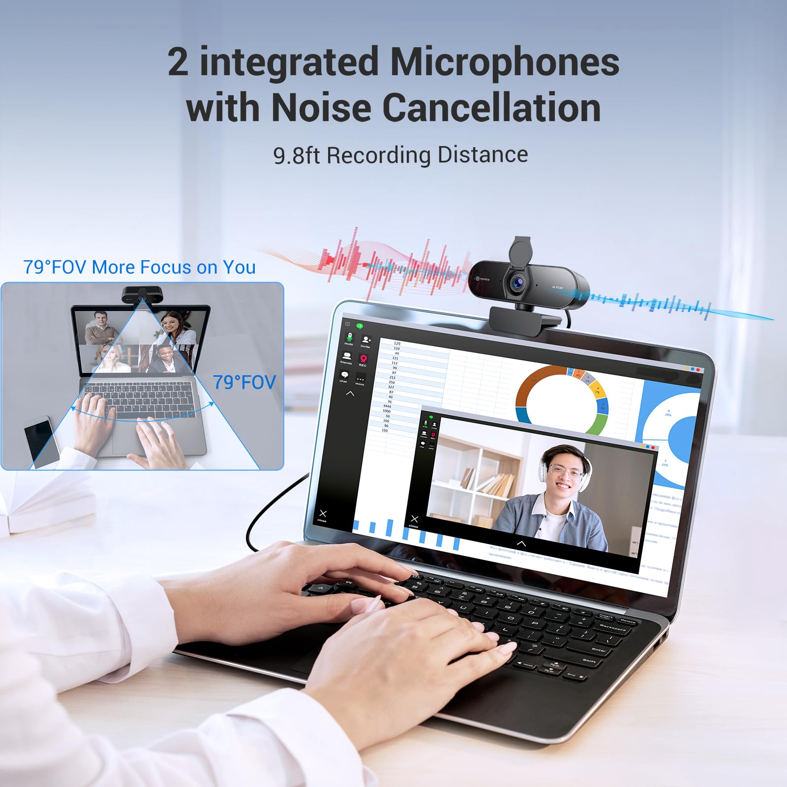 Webcam 4K per PC con autofocus PDAF, copertura privacy, doppio microfono, 4K a 30 fps e 1080p a 60 fps, correzione automatica della luce, fotocamera USB Plug & Play per laptop, Mac e desktop