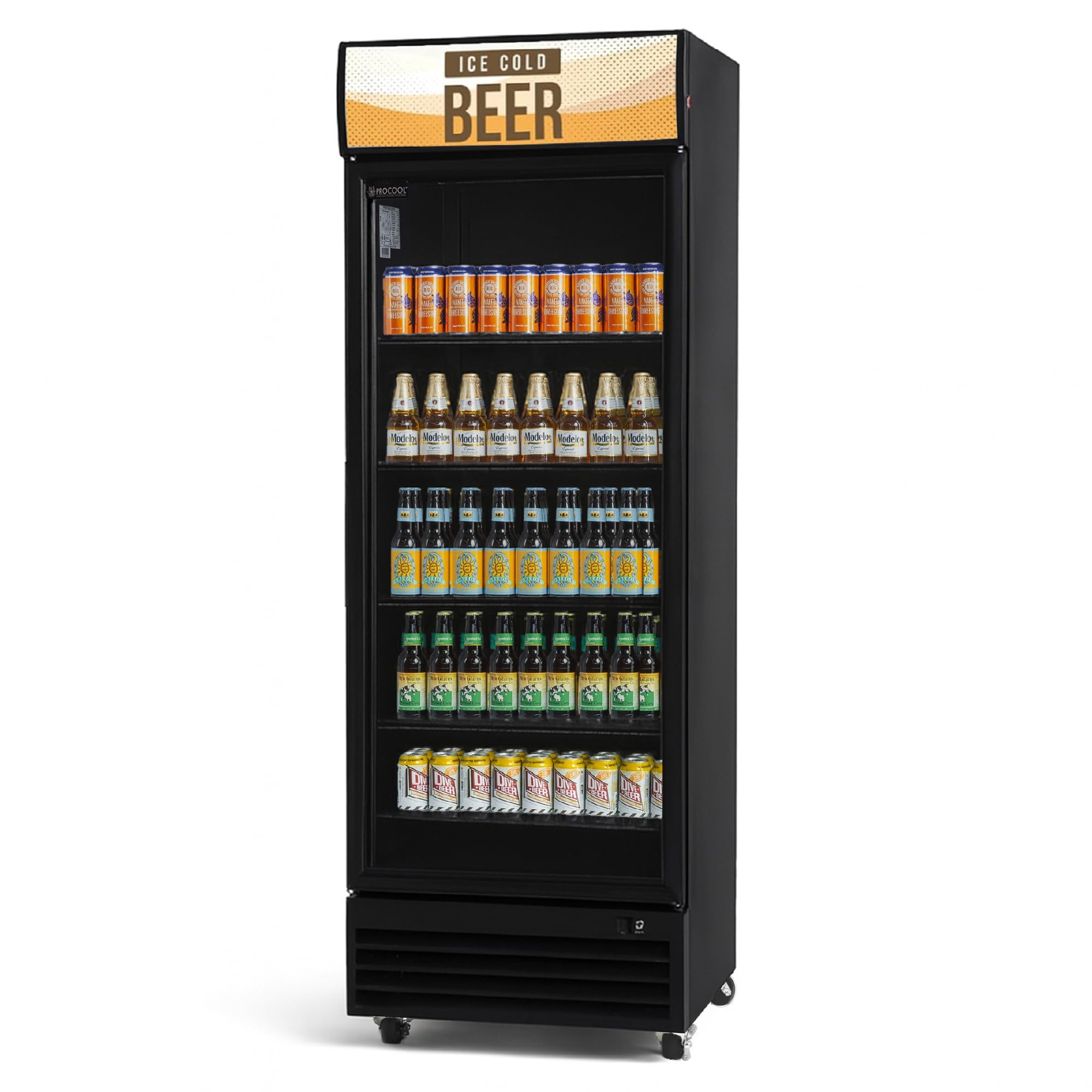 Procool Black Display Refrigerator, 19.4 CuFt, 1 Door, Ice Cold Beer Sign