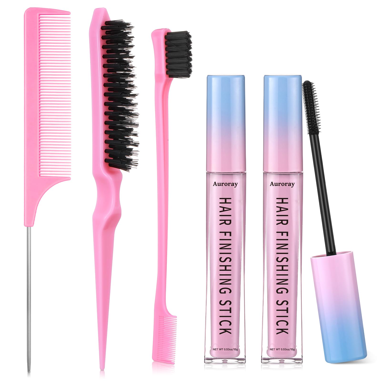 5Pcs Hair Finishing Stick Gel with 3pcs Slick Back Brush,Flyaway Hair Tamer Stick Styling Wand Gel for Smooth Frizz, Style Edges (0.53 oz/one)