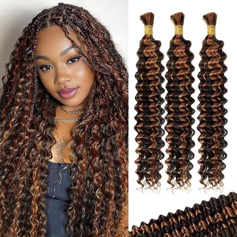 12A P4/30 Dark and Light Brown Human Braiding Hair for Boho Braids 3 Bundles 22 Inch 100g Deep Wave Braiding Hair for Bohemian Knotless Braids 100% Unprocessed Virgin Bulk Hair Extensions No Weft