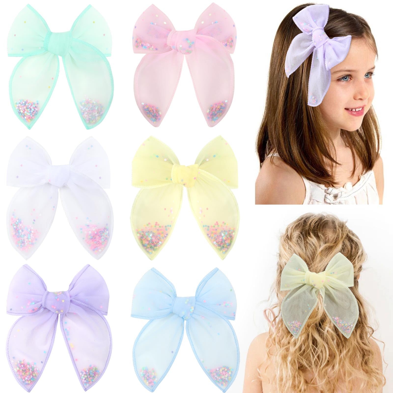 6 PCS Tulle Hair Bows for Girls, CN Toddler Bows with Glitter Star Alligator, Colorful Hair Barrettes Wedding Hair Grips Accessories for Baby Girls
