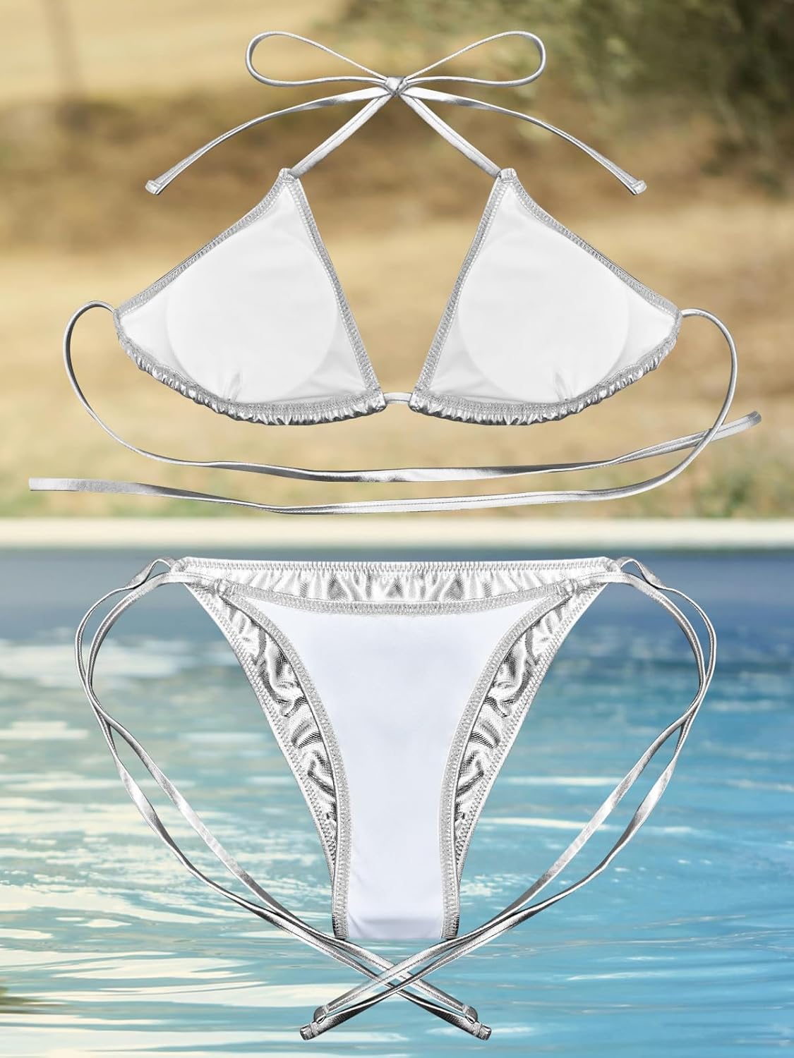 Kepblom Metallic Bikini Two Piece Swimsuit Triangle Halter Top Tie Side String Bikini Set for Women - Image 5