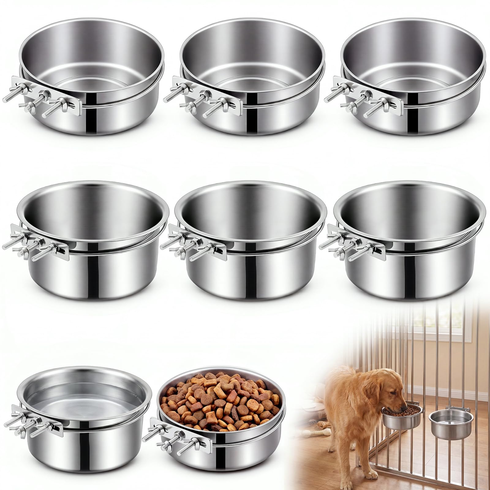 6 Pcs Dog Crate Water Bowl No Spill, 40oz & 50oz Hanging Kennel Bowls Bulk | Stainless St…