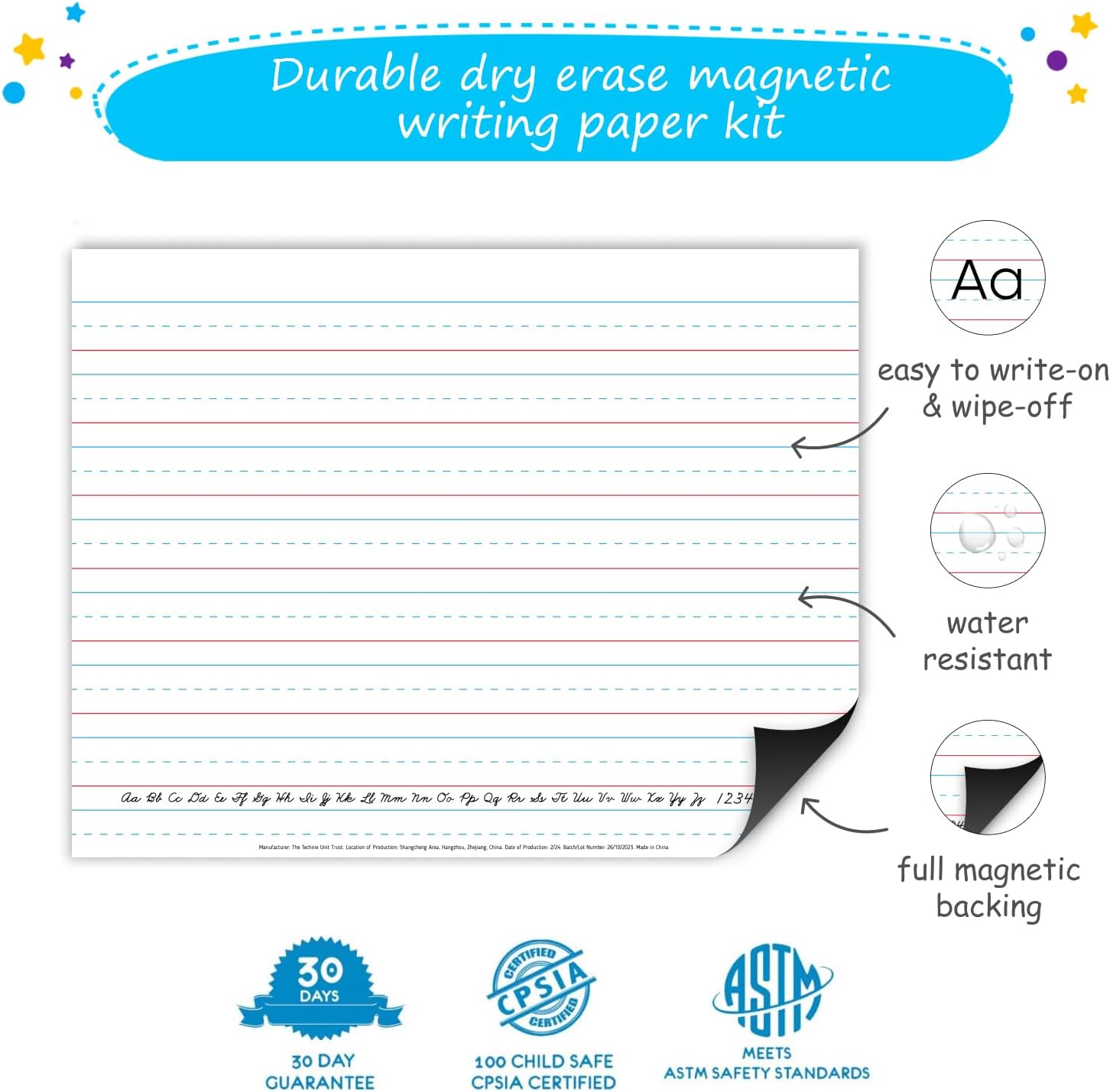 Simply Magic Magnetic Writing Paper Kit - Notebook Paper Poster, Magnetic Handwriting Paper, 5 Dry Erase Sentence Strips - Dry Erase Lined Paper for Whiteboard, 18'x23'