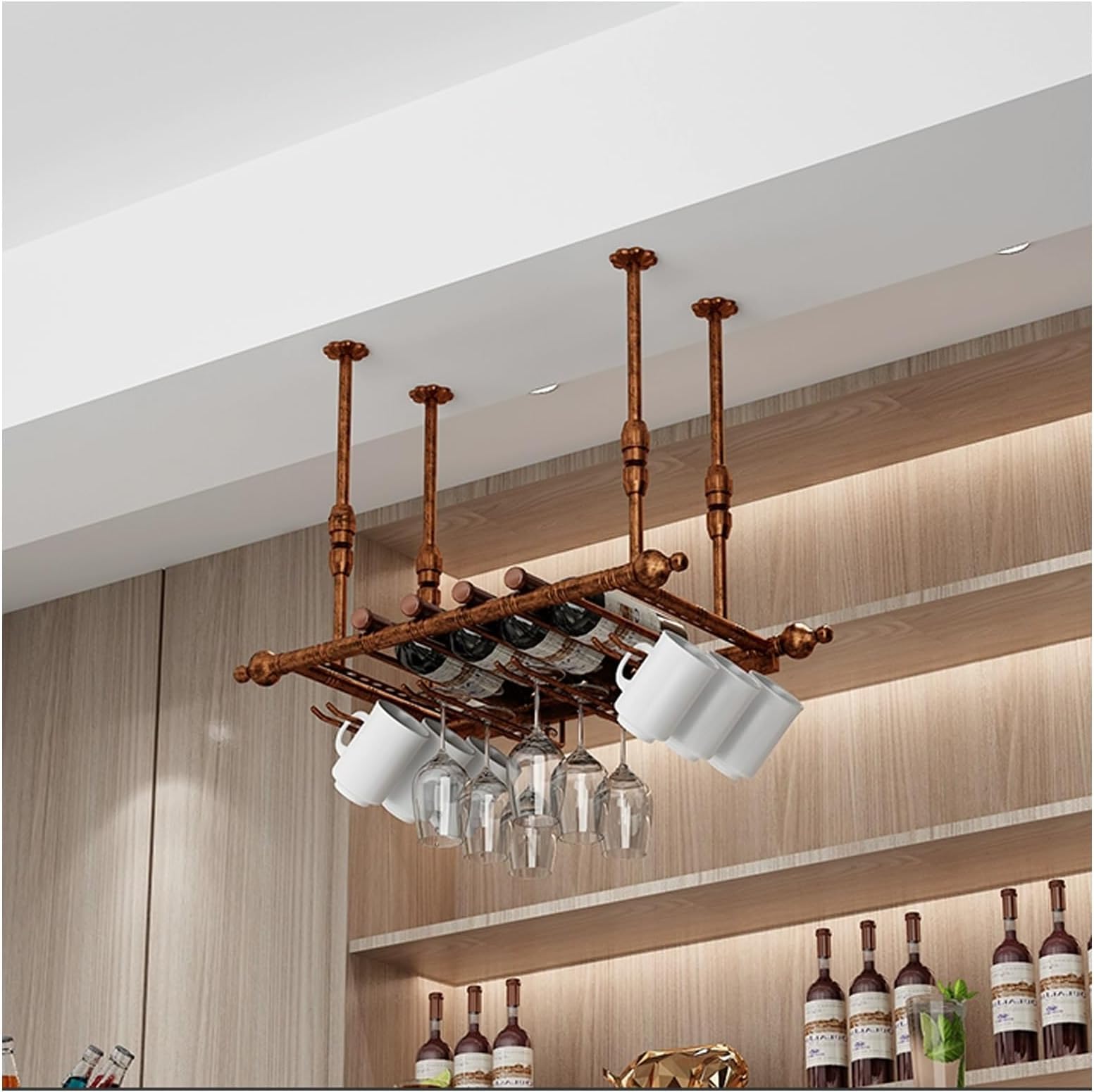 Ceiling Wine Rack & Home Bar Counter Hanging Wine Glass Rack,Industrial Iron Wine Shelf Wall Mounted,Organizer Wine Display Stand,Adjustable Metal Wines Glass Holder,for Bar Kitche(Brass,60x30cm)