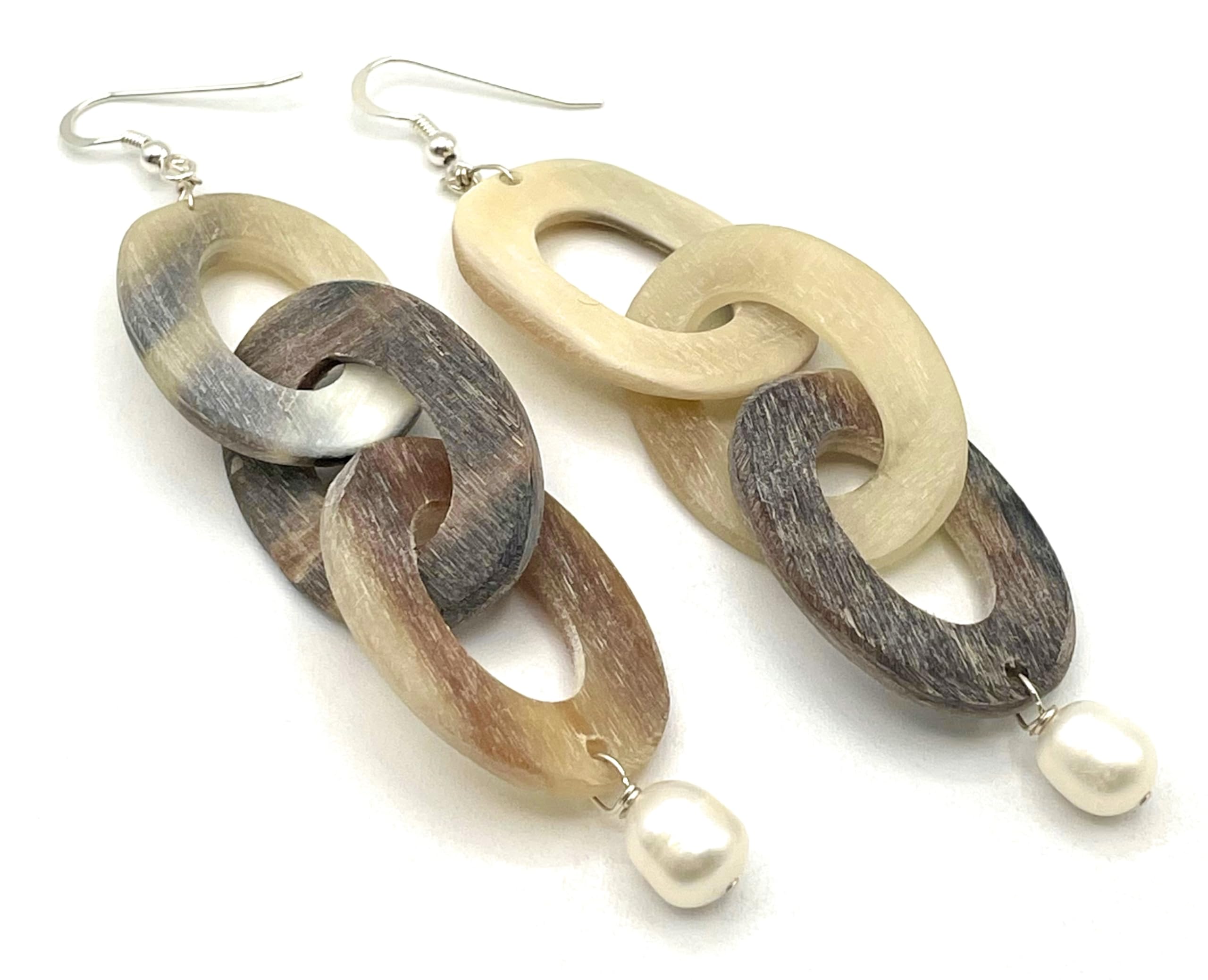 Orecchini con Corno e Perle Bianche Naturali, Pendenti Lunghi in Argento 925, Gioielli Pietre Dure, Regalo Compleanno per Lei, Bijoux
