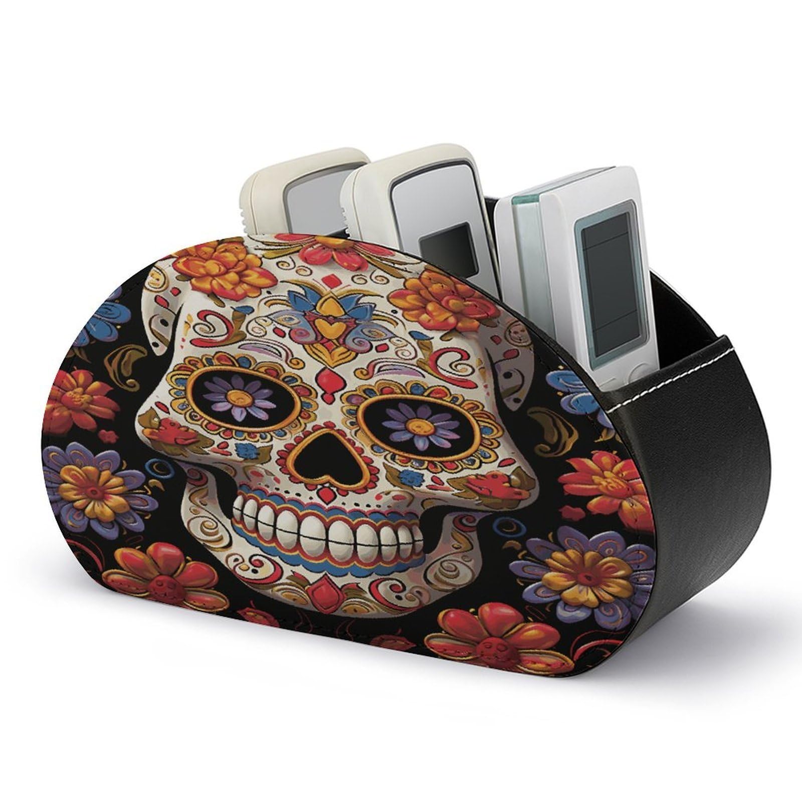 FekiLoot Sugar Skulls Remote Control Holder, PU Leather Remote Control Organizer Box Stationery Remote Control Box Desk Storage Organizer for DVDs,Glasses,Pens,Media Players