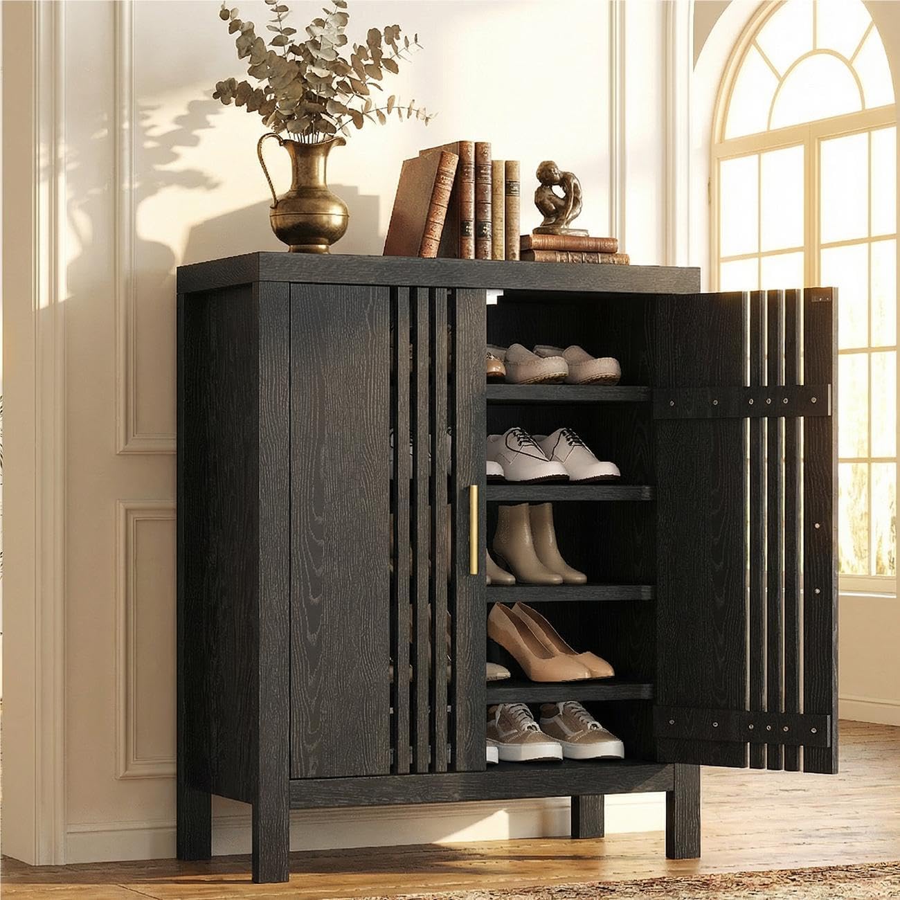 Shutter Doors 5-Tier Shoe Storage Cabinet with Adjustable Shelves, Wooden Entryway Cabinet for Hallway Living Room, Freestanding Shoe Organizer Bench for Shoes, Black