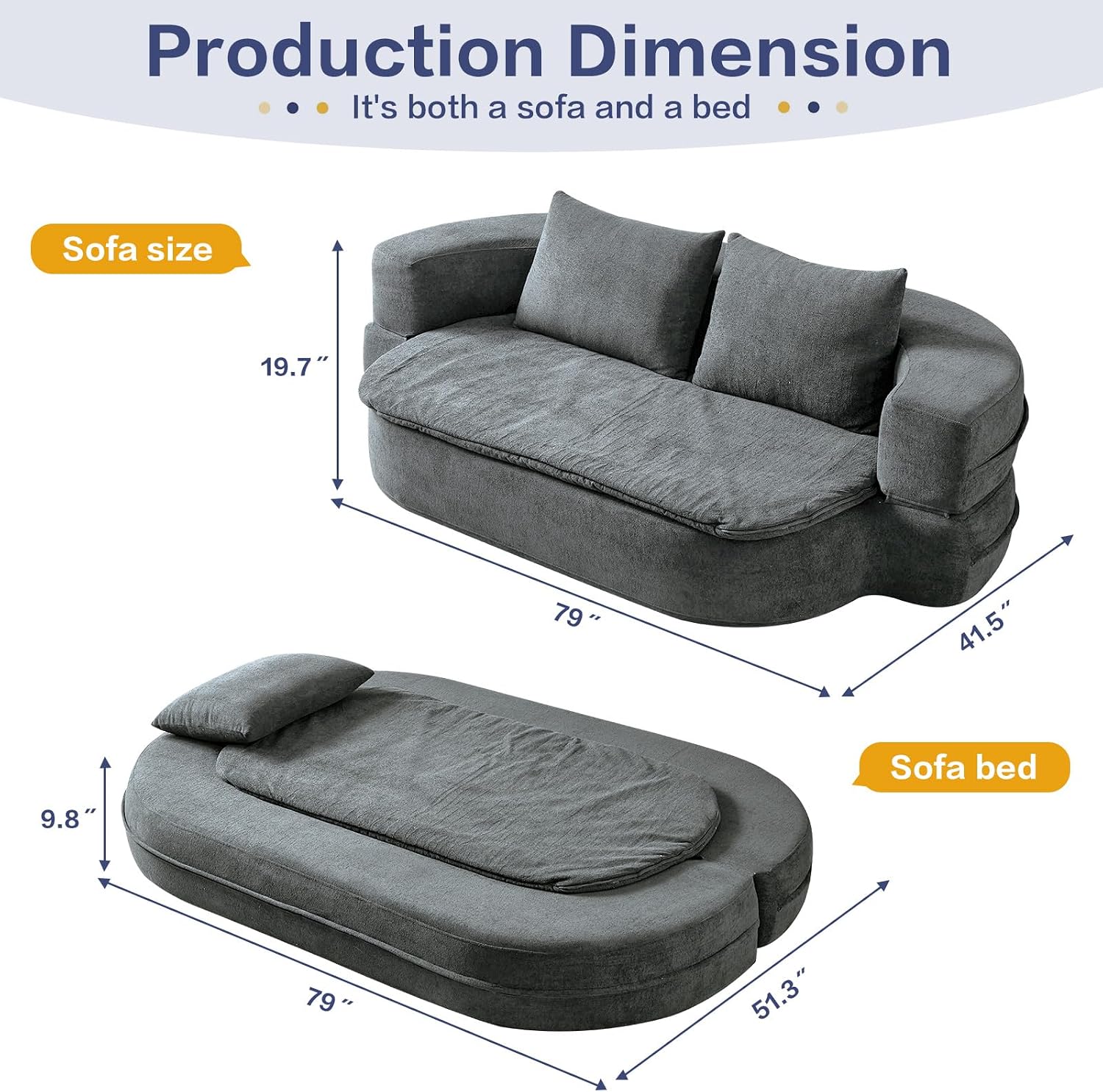UKMTUET 79" Convertible Sleeper Couch Bed 2-in-1 Folding Sofa Grey Velvet Fabric