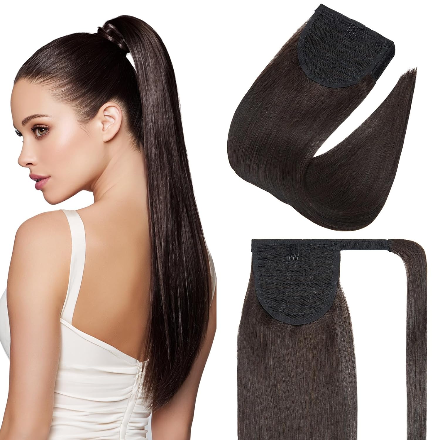 SEGOHAIR Clip In Real Human Hair Ponytail Extensions for Women 100% Remy Human Hair Ponytail Straight Wrap Around Clip in One Piece Hairpiece 14 Inches 80g #02 Dark Brown