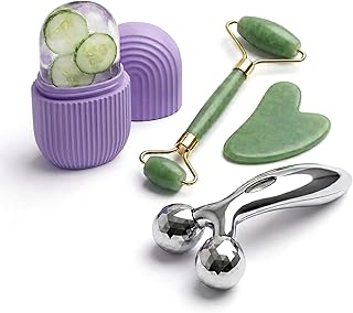 SHOPVELLA 3-in-1 Gua Sha Ice Roller Face Massager Set | Jade Roller, Gua Sha Stone &amp; 3D Roller | Skin Tightening, Puffines...