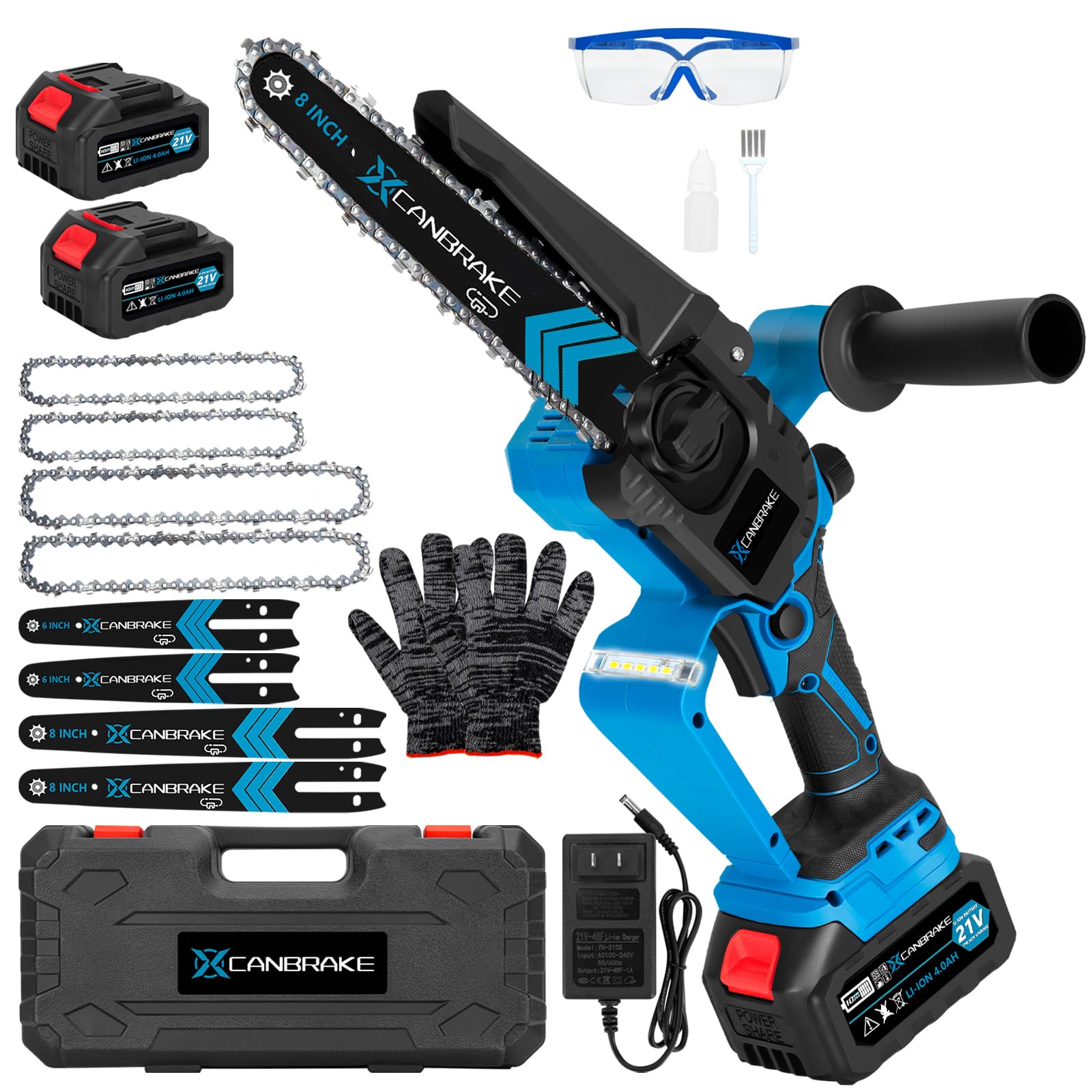 Cordless Mini Chainsaw, 8 inch & 6 inch Portable Handheld Chain Saw with 2 X 4.0Ah Battery, 4 Chains 4 Guide Plates, LED Indicate, Brushless Electric