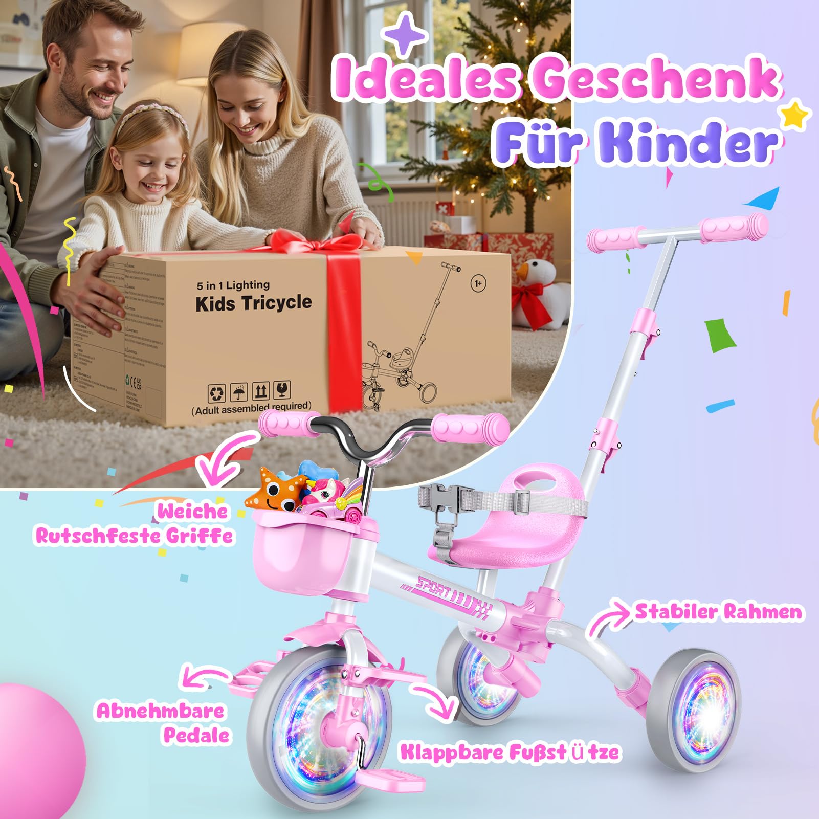 HappyGoLucky 5 in 1 Dreirad Mit Schubstange, Laufrad Ab 1-5 Jahre-Leuchtende Räder/Verstellbare Pedale&sitze, Spielzeug Geschenk Ab 1-5 Jahre Mädchen Ostern Kinderspielzeug Outdoor Spiele Spielzeug