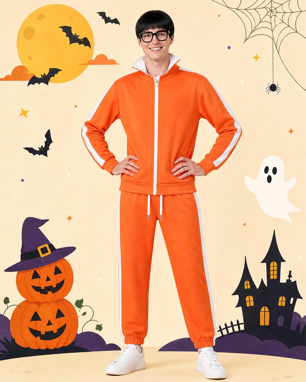 Costume Set with Orange Top and Pants Include Black Wig