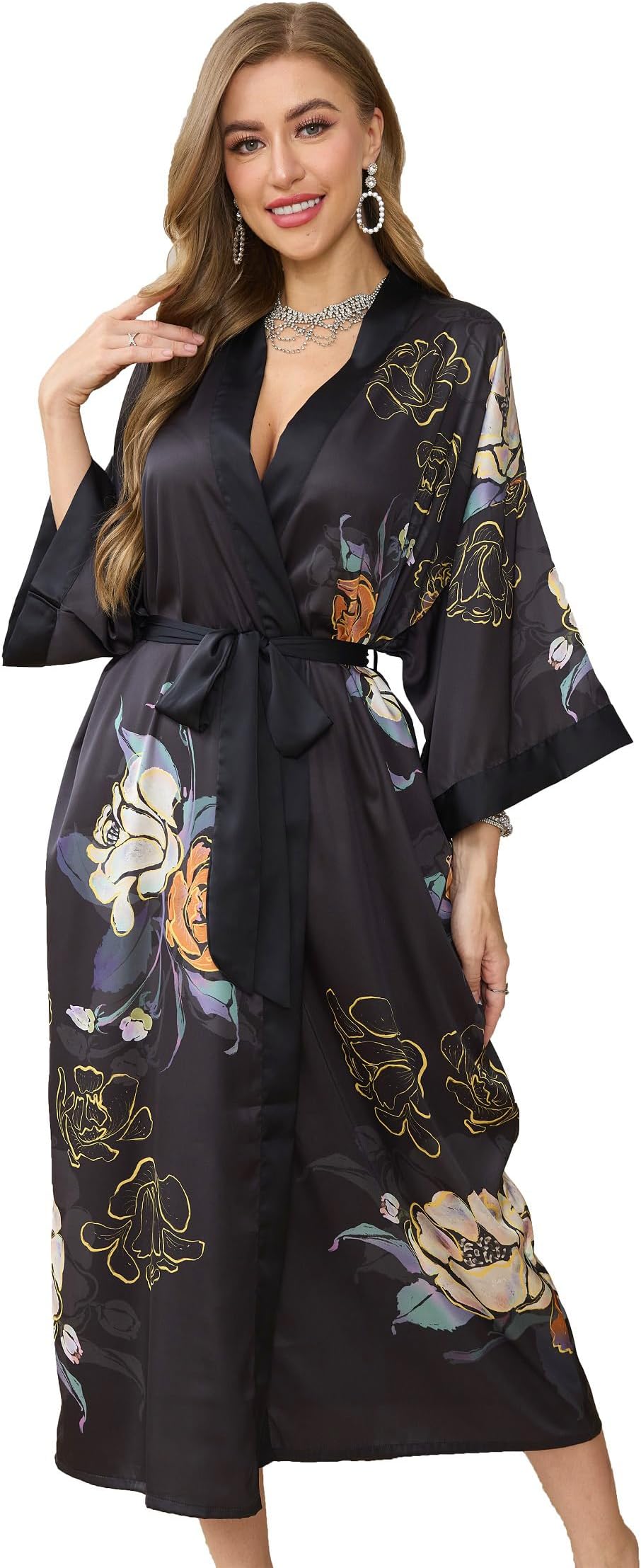 Women's Floral Long Kimono Robe Long Satin Robe Long Silk Robe Ladies Kimonos Silky Bathrobe Cover Up, One Size