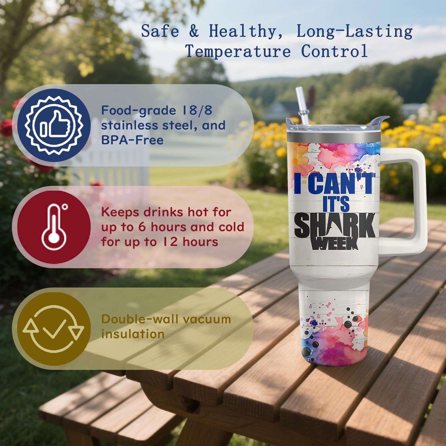 40oz Shark Tumbler with Handle and Straw,Ocean Stainless Steel Insulated Cup with Lid and Straw, Travel Coffee Mug Water Bottle, Birthday Mothers Day Gifts for Women Men Animal Lovers