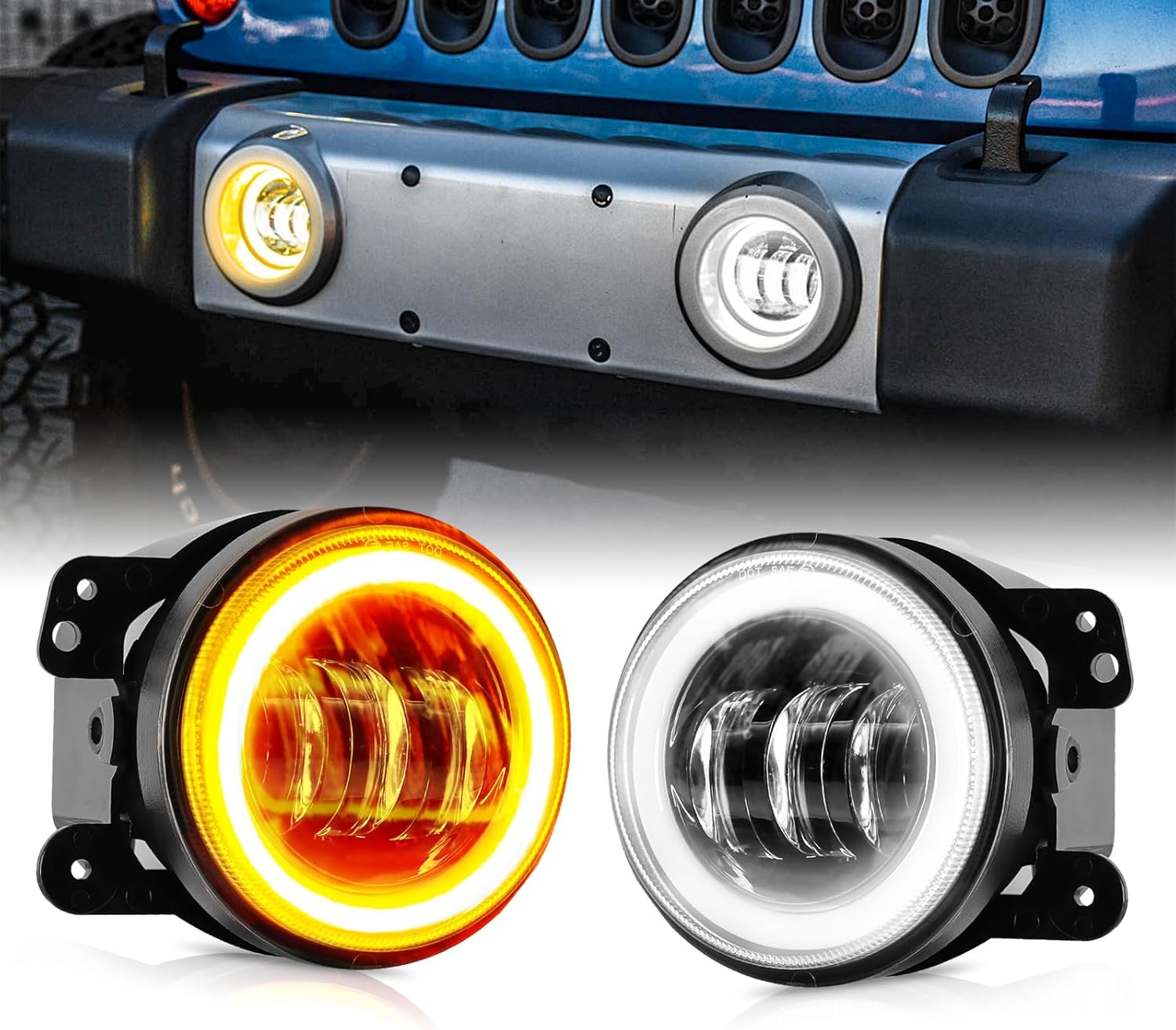 4 Inch LED Fog Lights Halo Ring Work Light for 2007-2017 Wrangler Unlimited JK JKU TJ LJ, 4 Inch Round Fog Lights with White DRL Amber turn Signal DOT Approved, 2 PCS
