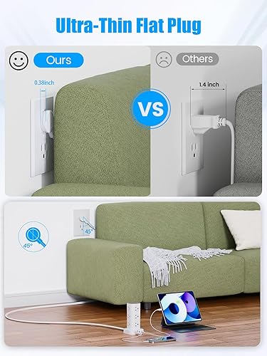 Miniatura 4 de Regletas de alimentación en torre con protección contra sobretensiones, cable de extensión plano de 6 pies con múltiples tomas, 12 puertos CA 4 USB,
