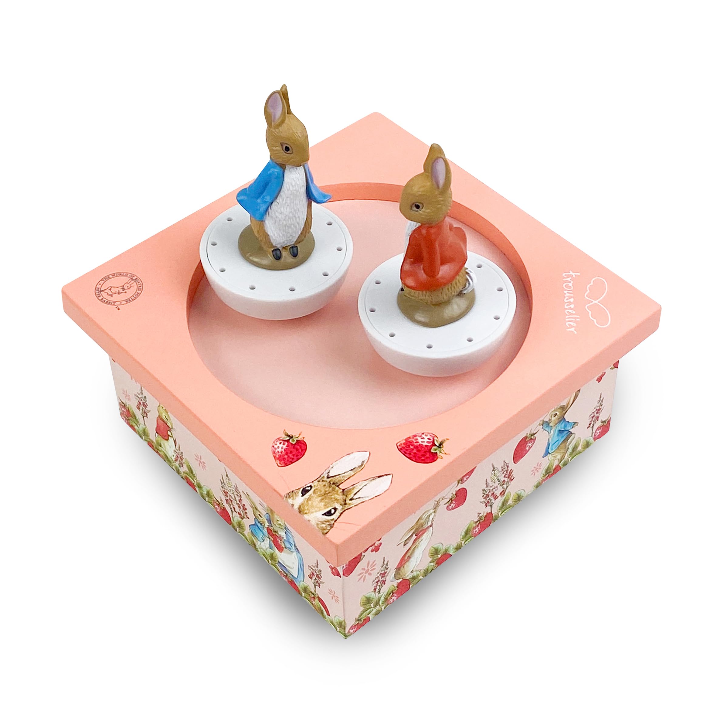 Trousselier - Pierre Coniglio Peter Rabbit Fragole - Carillon per bambini in legno - 2 figurine rimovibili - Regalo per nascita e battesimo - Musica Il Flauto Incantato Mozart