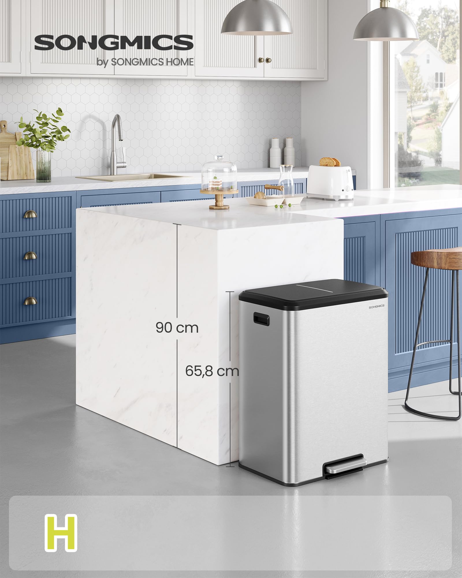 SONGMICS Kosz kuchenny, 2 x 20 l (2 x 30 l) podwójny kosz na śmieci do recyklingu i odpadów, wiadra wewnętrzne, stal nierdzewna, miękka pokrywa, szeroki, solidny, metaliczny srebrny LTB556E01
