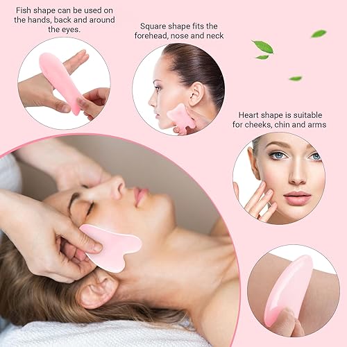Miniatura 3 de Treela Juego de 5 herramientas faciales de masaje Gua Sha y 1 herramienta de masaje corporal Gua Sha con asa, kit de masajeador Guasha para cara,