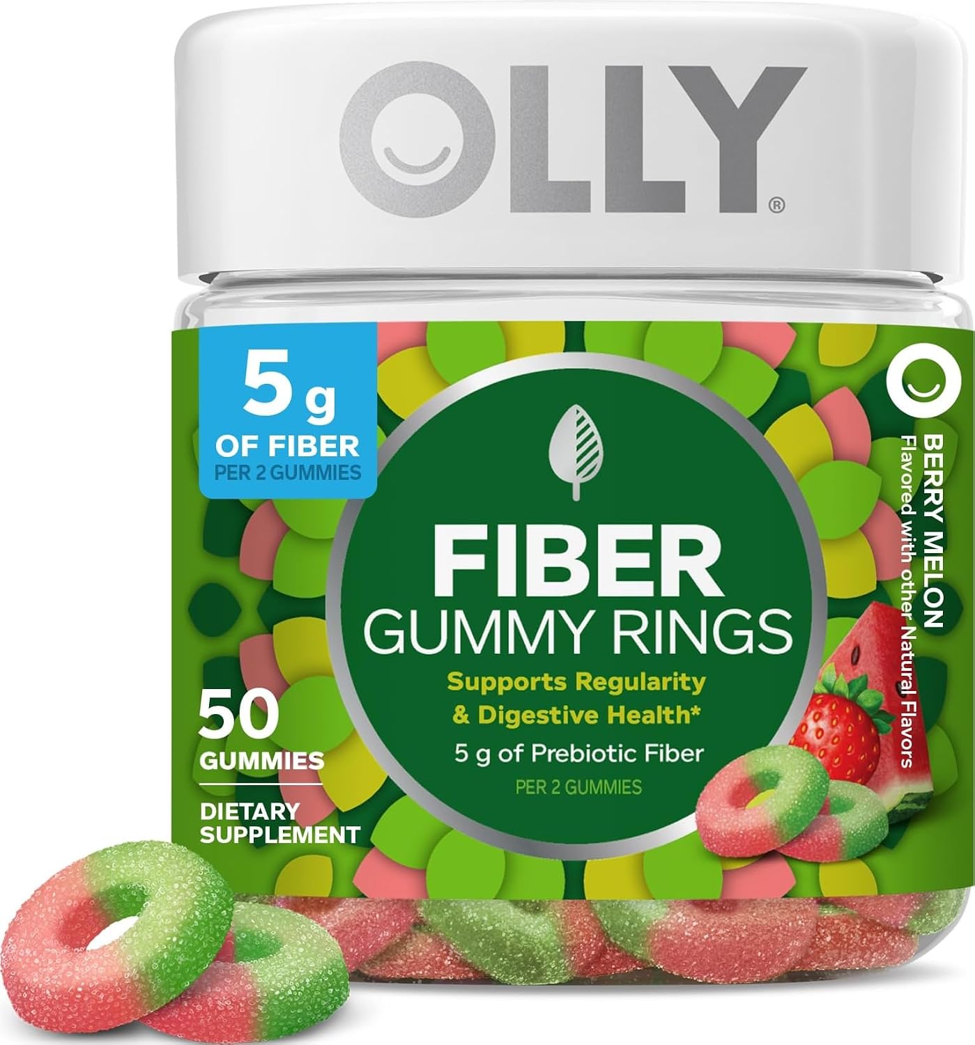 OLLY Fiber Gummy Rings, Digestive Health Supplement, Berry Melon - 50 Count